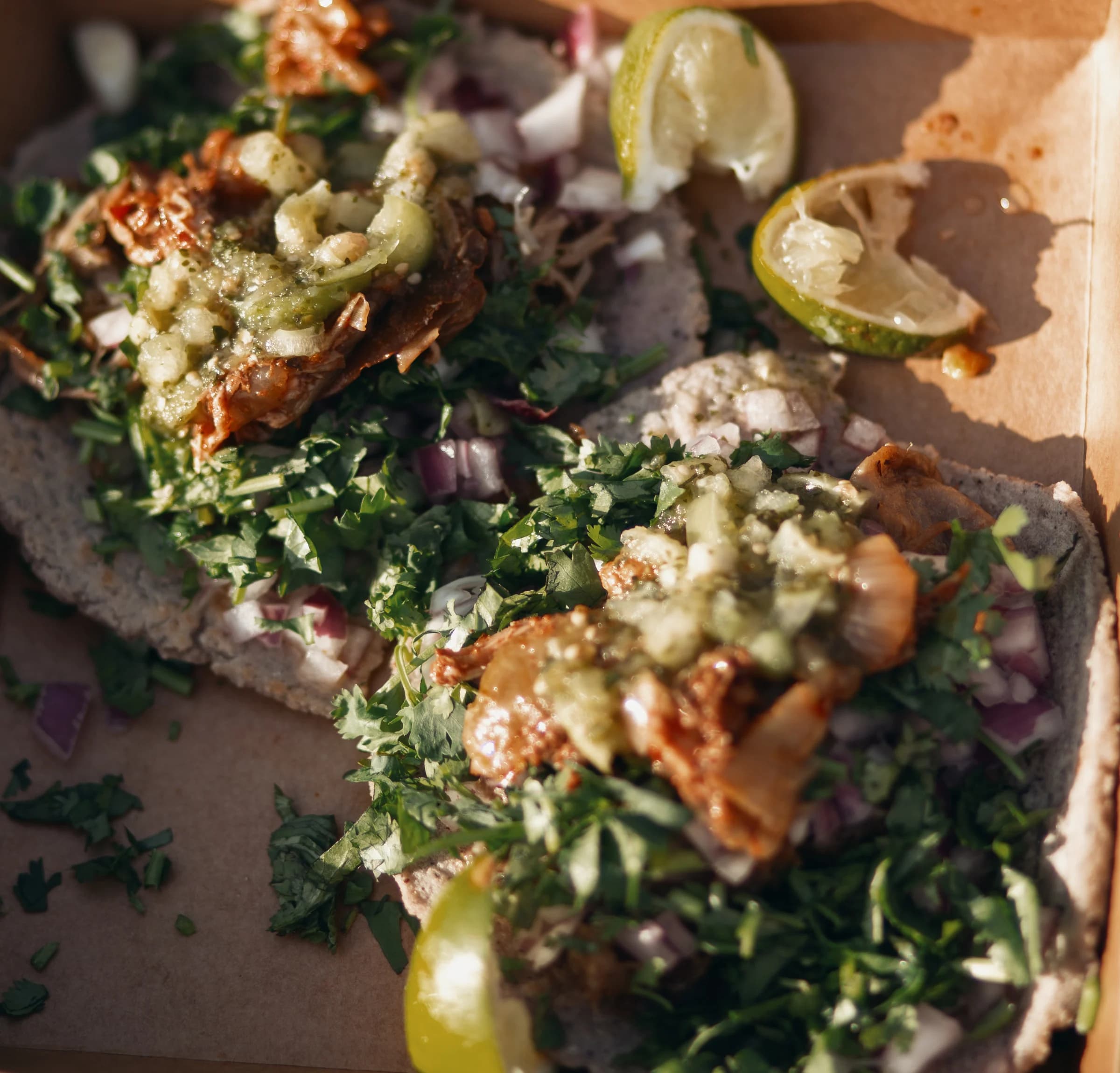 Food topped with fresh herbs and salsa, served with lime wedges.